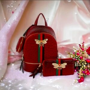 Burgundy Luxury Designer Ostrich Print Bee Wallet and Backpack Set